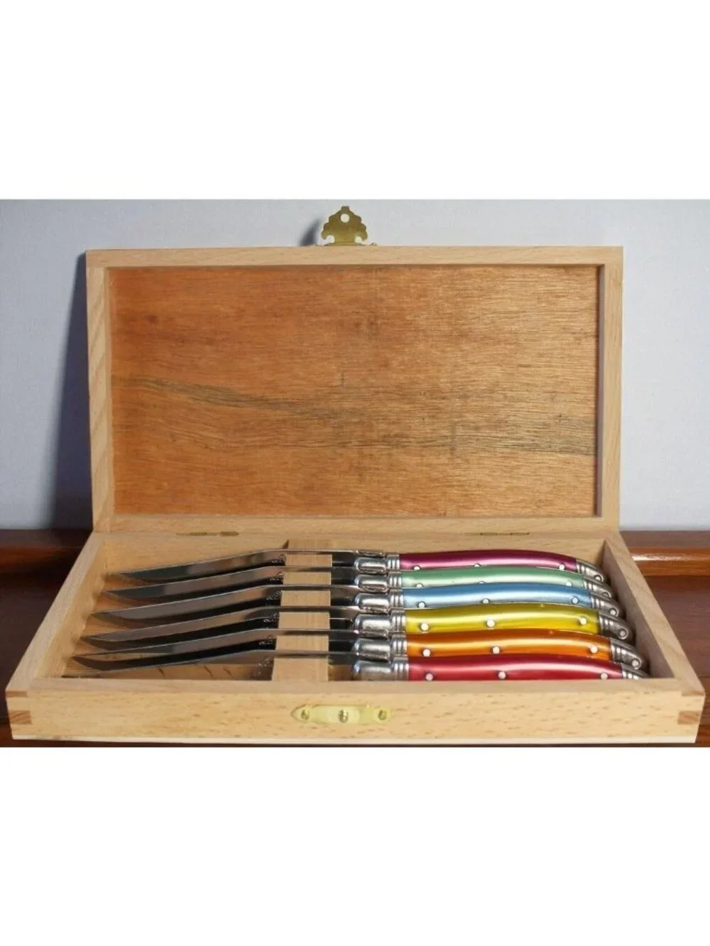 Laguiole Jean Néron 6 Piece Steak Knife Set, Rainbow Wood Presentation Box - NIB